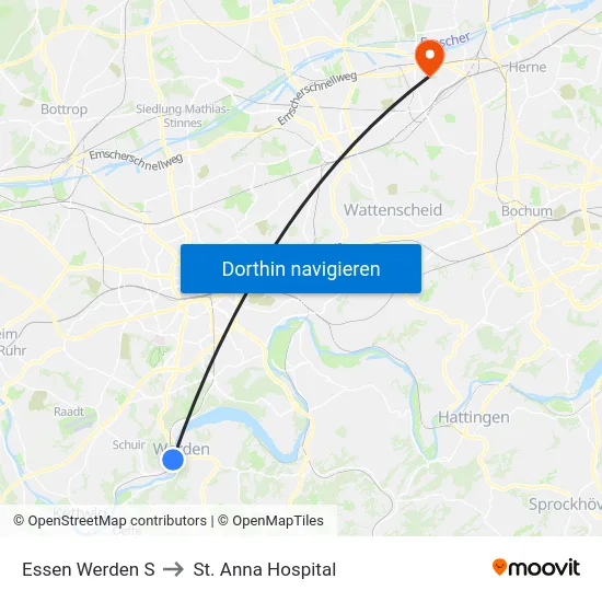 Essen Werden S to St. Anna Hospital map