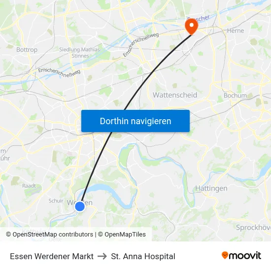 Essen Werdener Markt to St. Anna Hospital map