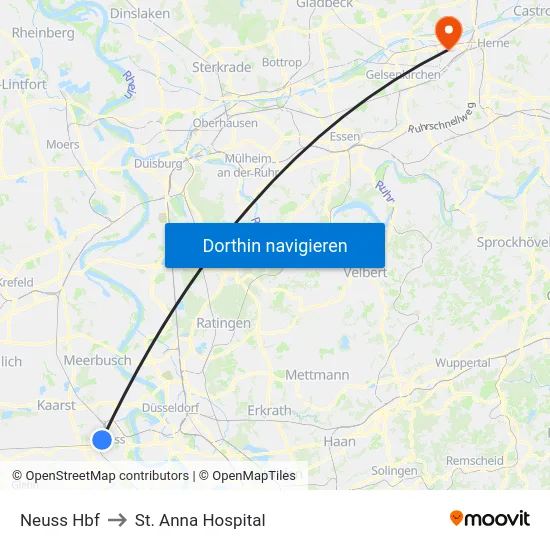 Neuss Hbf to St. Anna Hospital map