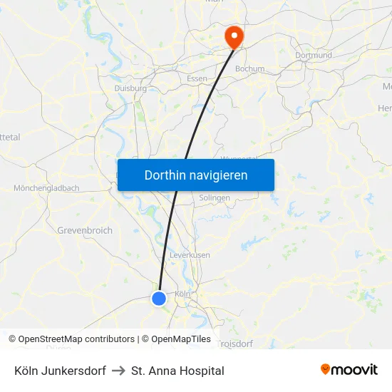 Köln Junkersdorf to St. Anna Hospital map