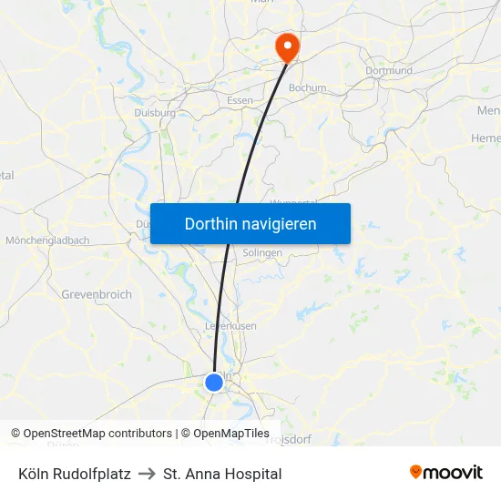 Köln Rudolfplatz to St. Anna Hospital map