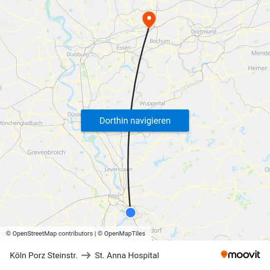 Köln Porz Steinstr. to St. Anna Hospital map