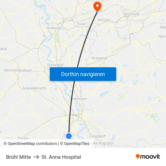 Brühl Mitte to St. Anna Hospital map