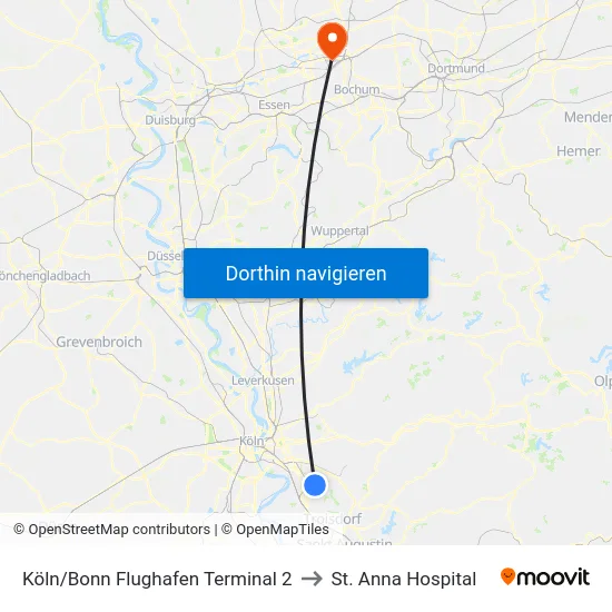 Köln/Bonn Flughafen Terminal 2 to St. Anna Hospital map