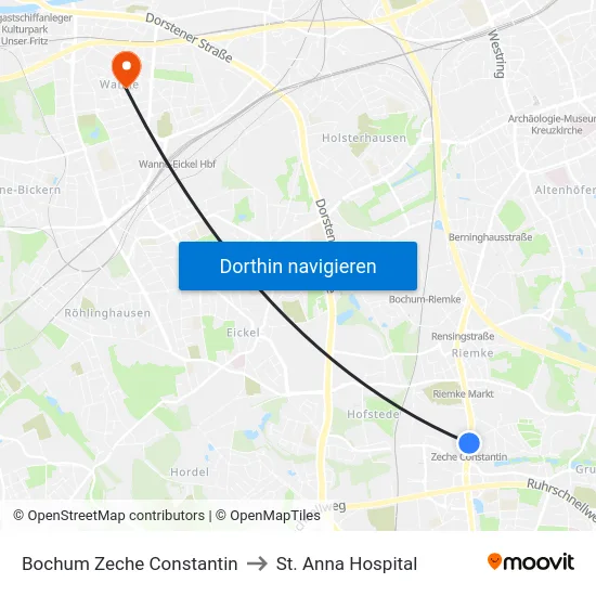 Bochum Zeche Constantin to St. Anna Hospital map