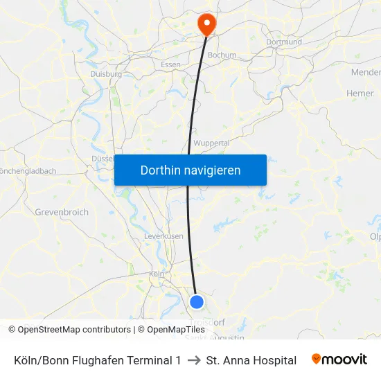 Köln/Bonn Flughafen Terminal 1 to St. Anna Hospital map