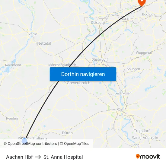 Aachen Hbf to St. Anna Hospital map
