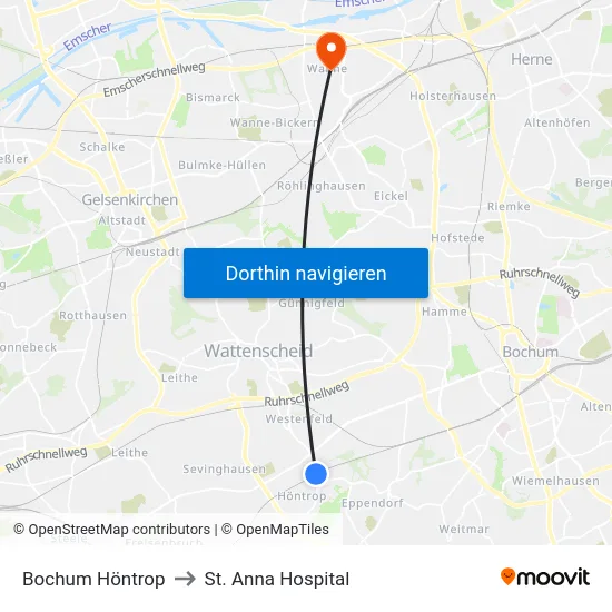 Bochum Höntrop to St. Anna Hospital map