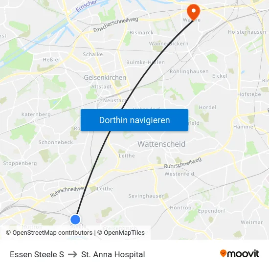 Essen Steele S to St. Anna Hospital map