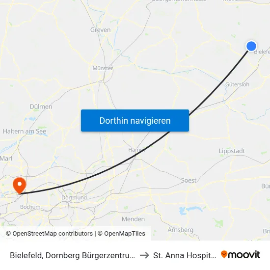 Bielefeld, Dornberg Bürgerzentrum to St. Anna Hospital map