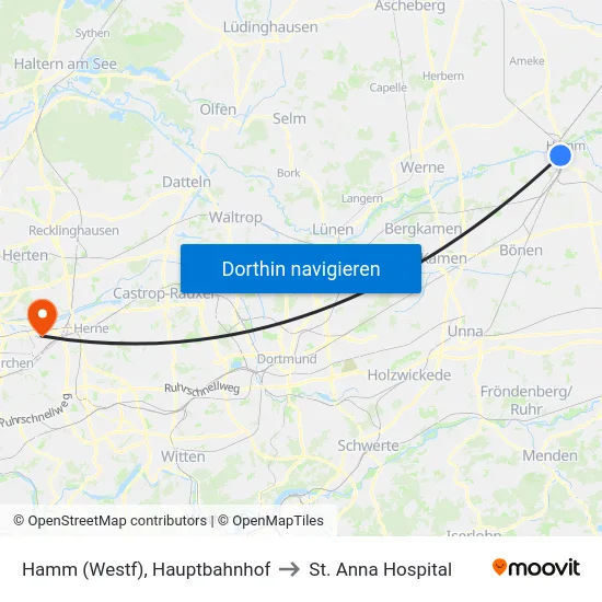 Hamm (Westf), Hauptbahnhof to St. Anna Hospital map