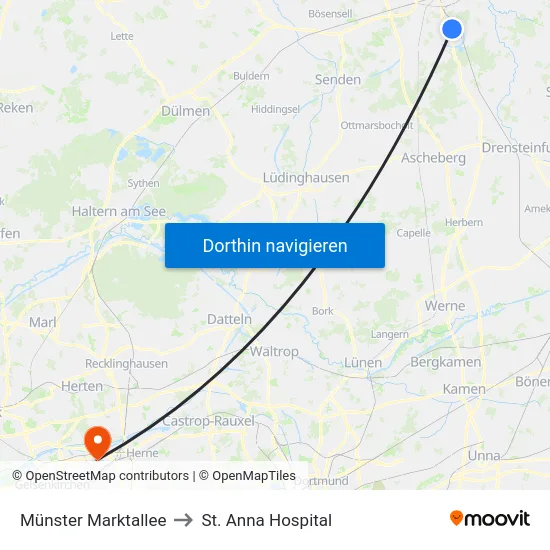 Münster Marktallee to St. Anna Hospital map