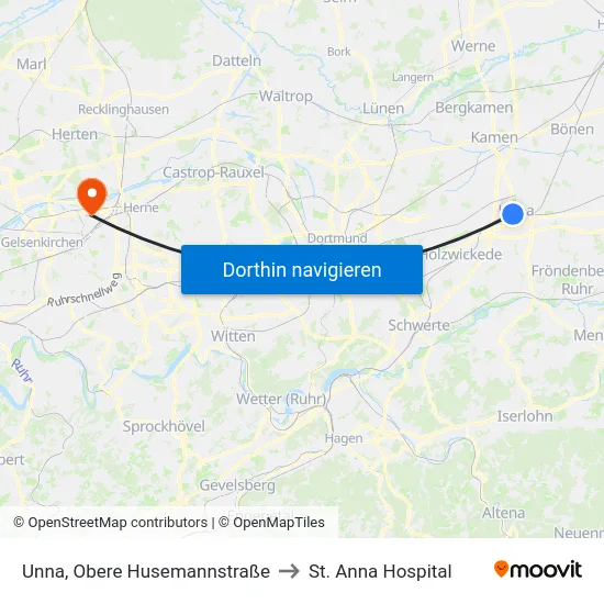 Unna, Obere Husemannstraße to St. Anna Hospital map