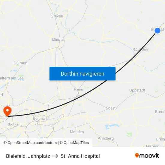Bielefeld, Jahnplatz to St. Anna Hospital map