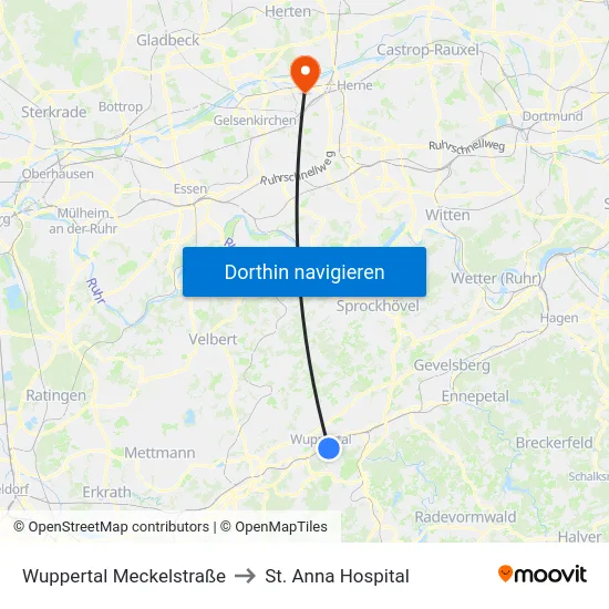 Wuppertal Meckelstraße to St. Anna Hospital map