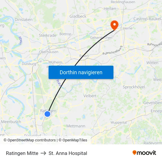 Ratingen Mitte to St. Anna Hospital map