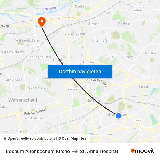 Bochum Altenbochum Kirche to St. Anna Hospital map
