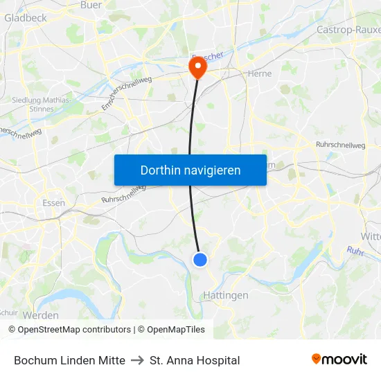 Bochum Linden Mitte to St. Anna Hospital map