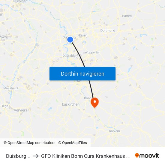 Duisburg Hbf to GFO Kliniken Bonn Cura Krankenhaus Bad Honnef map