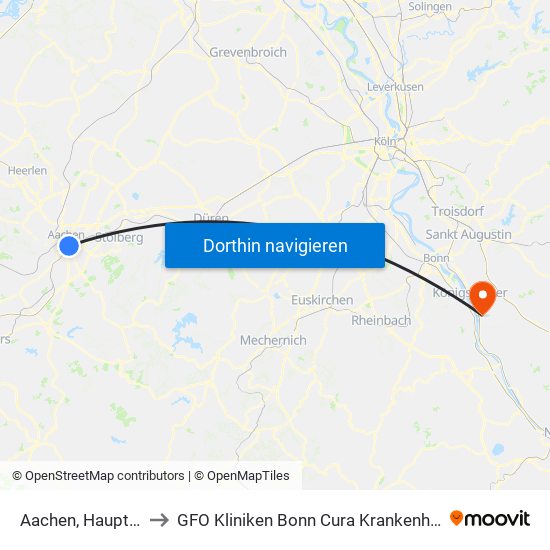 Aachen, Hauptbahnhof to GFO Kliniken Bonn Cura Krankenhaus Bad Honnef map