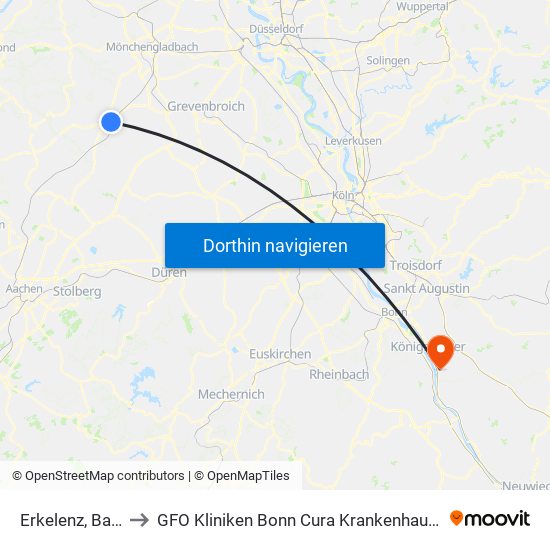 Erkelenz, Bahnhof to GFO Kliniken Bonn Cura Krankenhaus Bad Honnef map