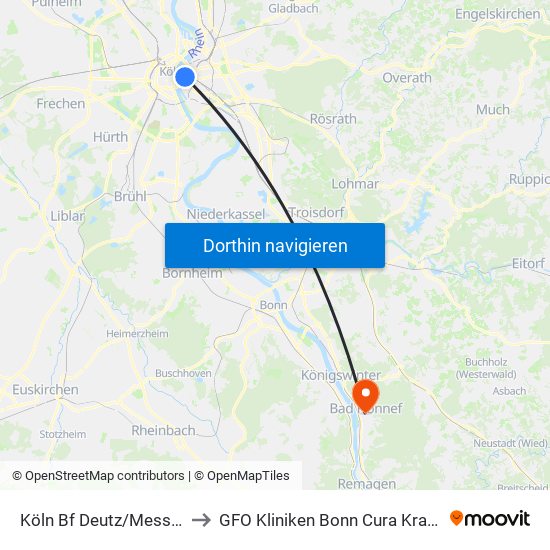 Köln Bf Deutz/Messe Lanxess Arena to GFO Kliniken Bonn Cura Krankenhaus Bad Honnef map