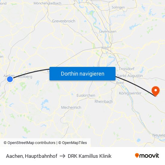 Aachen, Hauptbahnhof to DRK Kamillus Klinik map