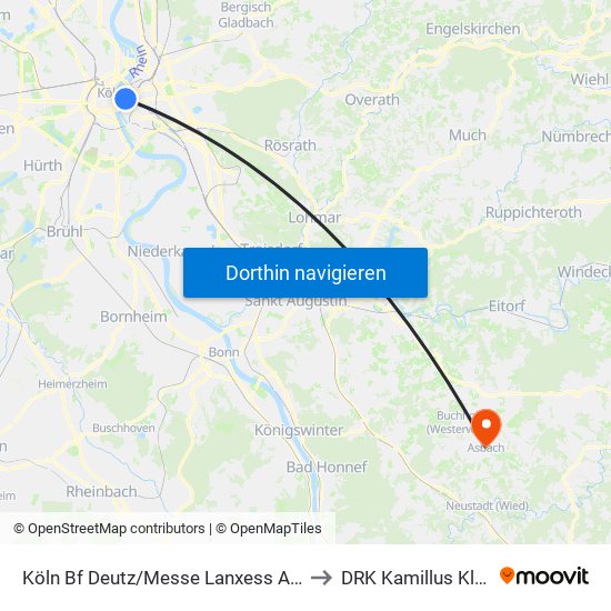 Köln Bf Deutz/Messe Lanxess Arena to DRK Kamillus Klinik map