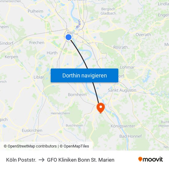 Köln Poststr. to GFO Kliniken Bonn St. Marien map