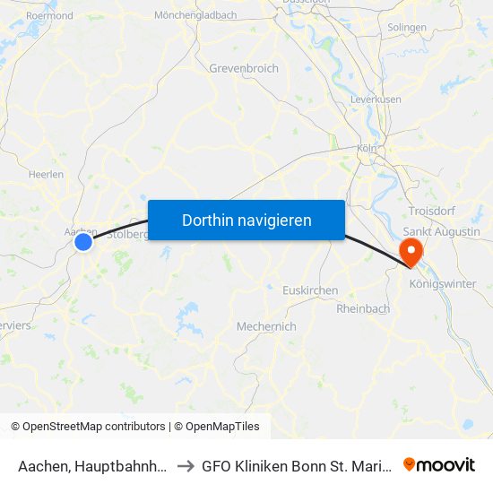 Aachen, Hauptbahnhof to GFO Kliniken Bonn St. Marien map