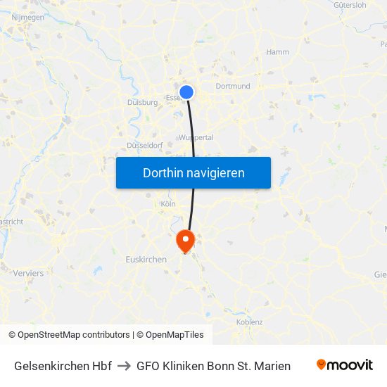 Gelsenkirchen Hbf to GFO Kliniken Bonn St. Marien map