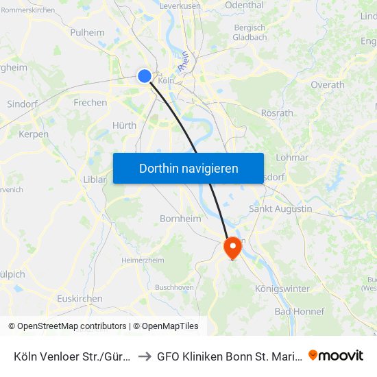 Köln Venloer Str./Gürtel to GFO Kliniken Bonn St. Marien map
