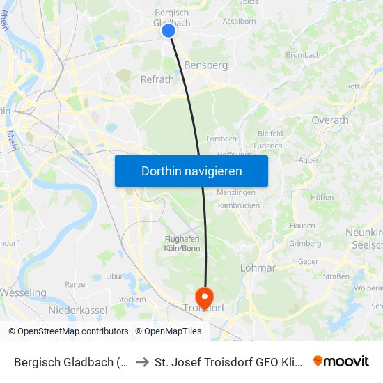 Bergisch Gladbach (S) to St. Josef Troisdorf GFO Klinik map