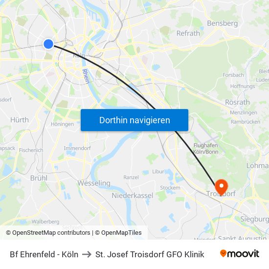 Bf Ehrenfeld - Köln to St. Josef Troisdorf GFO Klinik map