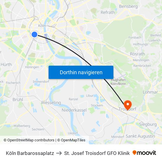 Köln Barbarossaplatz to St. Josef Troisdorf GFO Klinik map