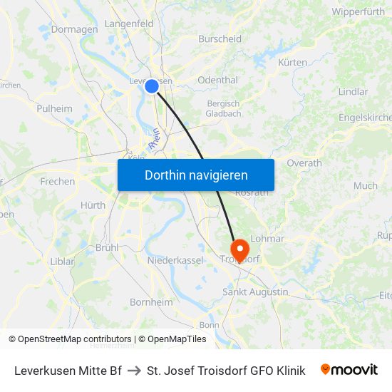 Leverkusen Mitte Bf to St. Josef Troisdorf GFO Klinik map