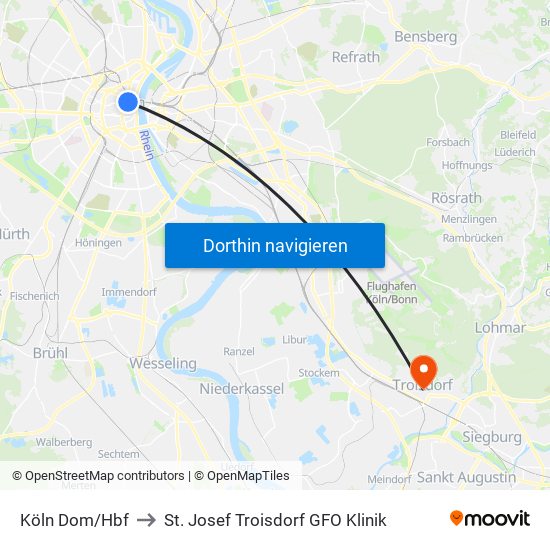 Köln Dom/Hbf to St. Josef Troisdorf GFO Klinik map