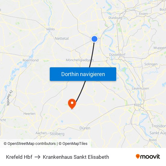 Krefeld Hbf to Krankenhaus Sankt Elisabeth map