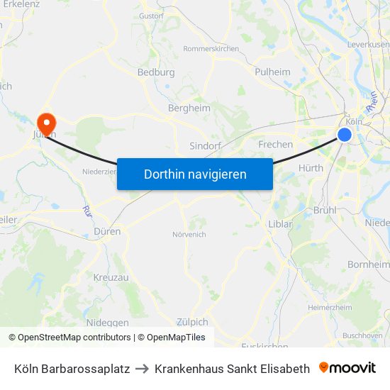 Köln Barbarossaplatz to Krankenhaus Sankt Elisabeth map