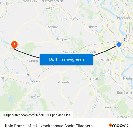 Köln Dom/Hbf to Krankenhaus Sankt Elisabeth map