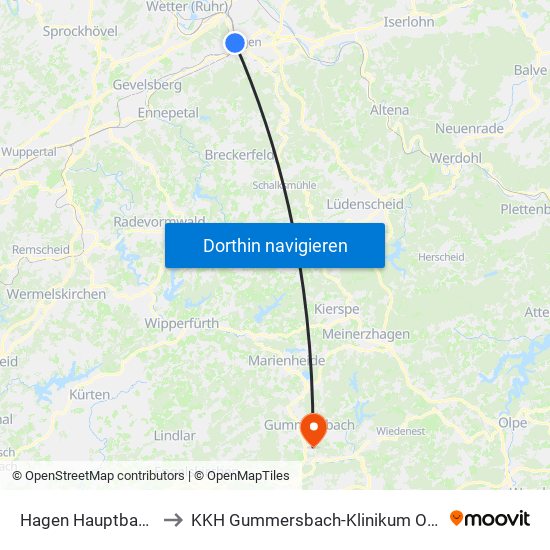 Hagen Hauptbahnhof to KKH Gummersbach-Klinikum Oberberg map