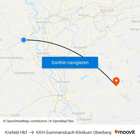 Krefeld Hbf to KKH Gummersbach-Klinikum Oberberg map