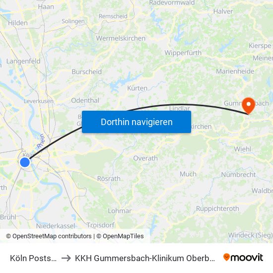 Köln Poststr. to KKH Gummersbach-Klinikum Oberberg map