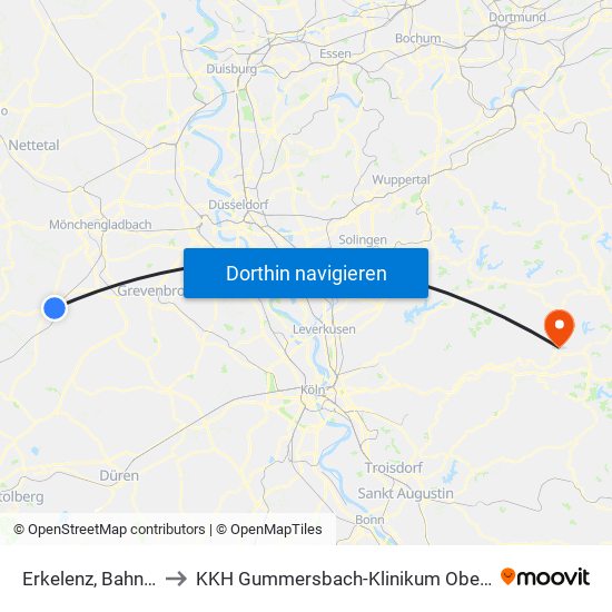 Erkelenz, Bahnhof to KKH Gummersbach-Klinikum Oberberg map