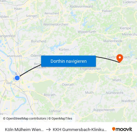 Köln Mülheim Wiener Platz to KKH Gummersbach-Klinikum Oberberg map