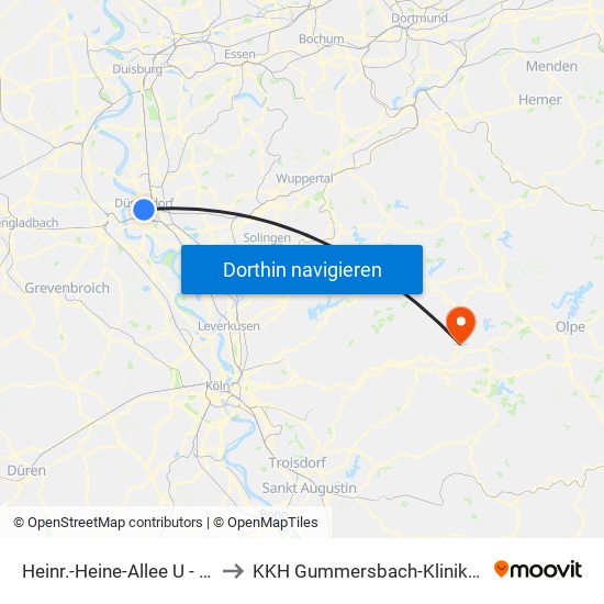 Heinr.-Heine-Allee U - Düsseldorf to KKH Gummersbach-Klinikum Oberberg map