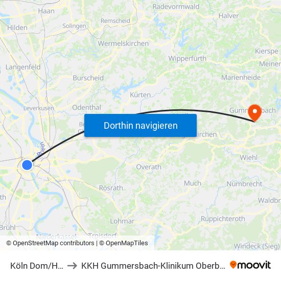 Köln Dom/Hbf to KKH Gummersbach-Klinikum Oberberg map