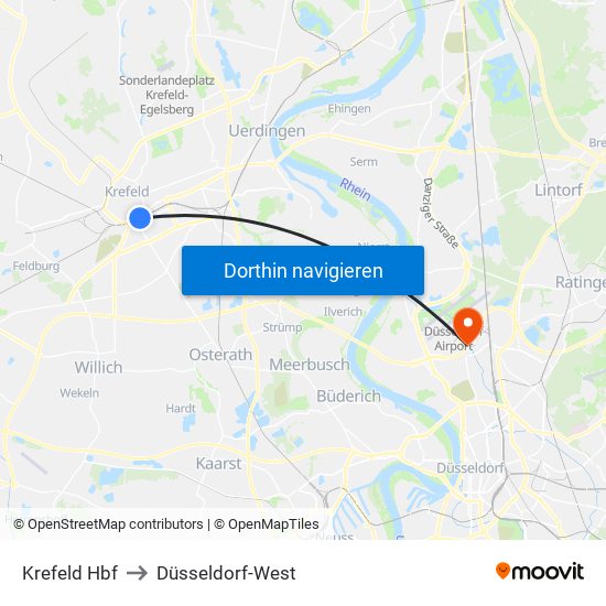 Krefeld Hbf to Düsseldorf-West map