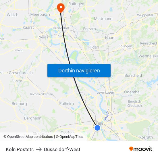 Köln Poststr. to Düsseldorf-West map