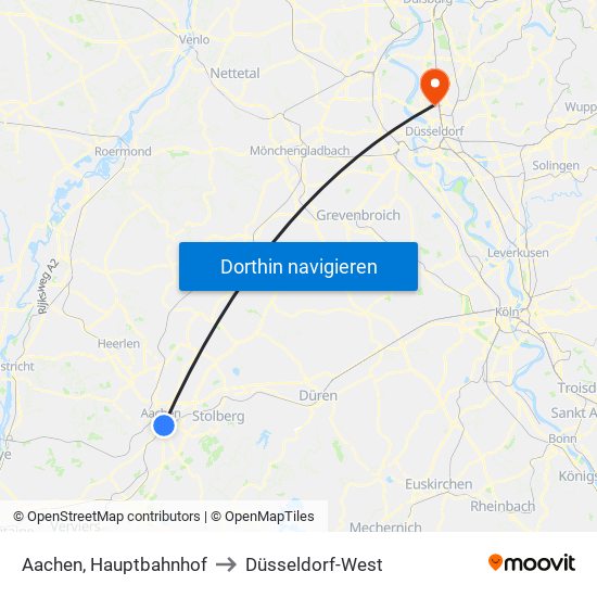 Aachen, Hauptbahnhof to Düsseldorf-West map